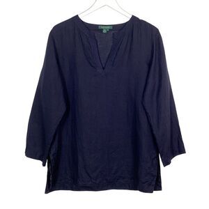 LAUREN RALPH LAUREN Size L Navy Blue 100% Linen Blouse Top Tunic V-neck